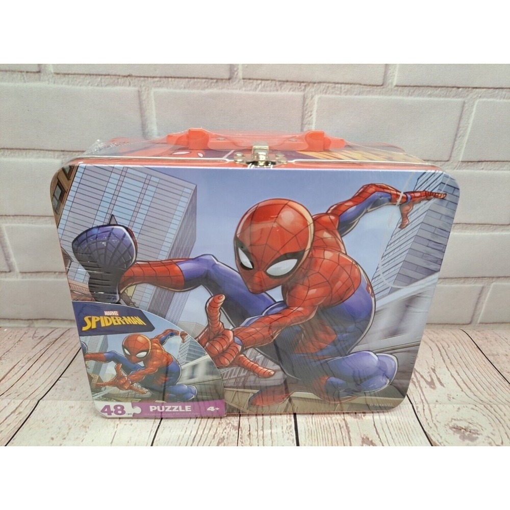 Marvel Spiderman 48 Piece Puzzle in Tin Lunchbox, Red, Blue, White New‎ Sealed